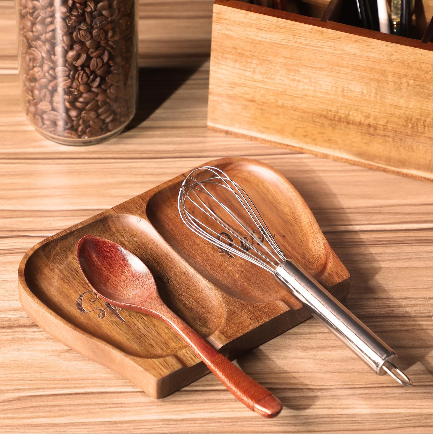 NOOETAH Large Acacia Wood Spoon Rest, Double Wooden Spoon Holder With Non Slip Silicone Feet, Handmade Kitchen Rest for Kitchen Countertop, Brown Labeled "Spoon Rest"