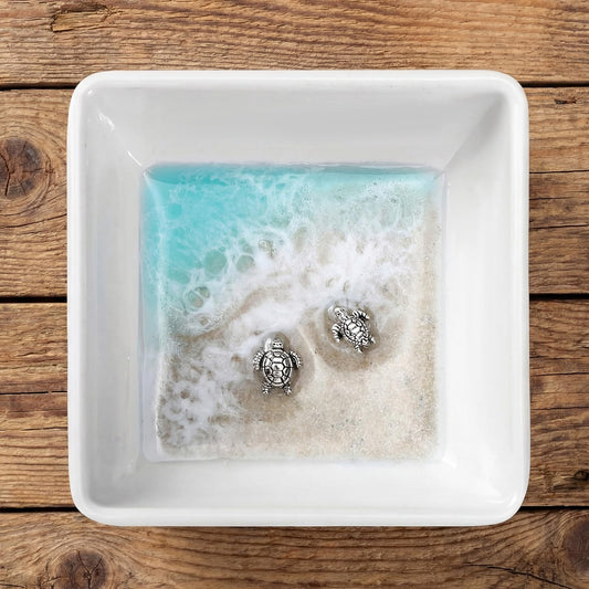 Novabright Handmade Ocean Resin Jewelry Tray Mini Turtle Square Ring Dish Jewelry Holder for Rings Earrings Engagement Gifts for Couples Birthday Gifts Ocean Beach Art Gift for Women