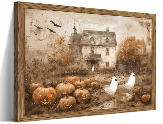 Framed Vintage Halloween Ghost Wall Art - Cute Ghost Pumpkin Canvas Print, Gothic Dark Academia Spooky Fall Wall Decor, Haunted House Artwork for Living Room Bedroom, 8x10 inch Wood Frame