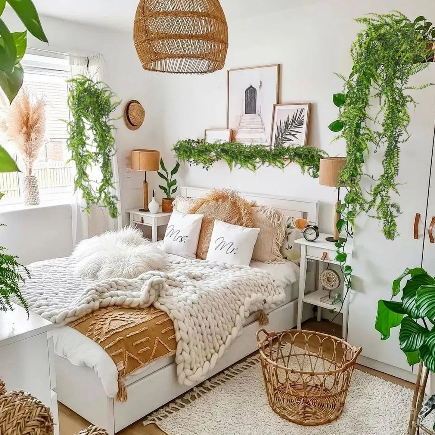 RECUTMS 2Pcs 5.8Ft Artificial Boston Ferns Garland Fake Hanging Plant Greenery Leaves Ivy Garland Faux Ferns Vines for Spring Sunmmer Outdoor Indoor Home Garden Wedding Graduation Party Wall Decor