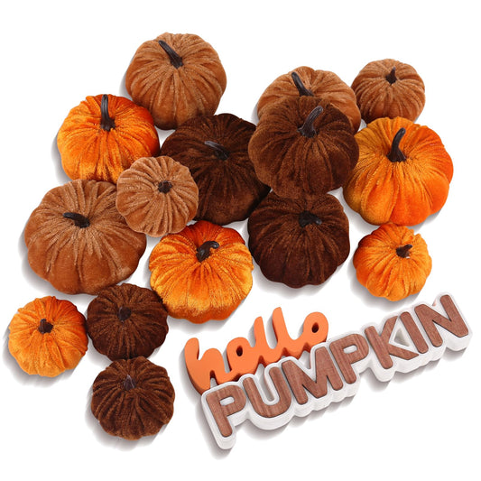 PurpleSwan 17 Pack Fall Artificial Velvet Pumpkins Decorations, Foam Faux Flocked Pumpkin Including Wooden Hello Pumpkins Sign, for Home Autumn Harvest Theme Party Halloween Thanksgiving Table Decor.