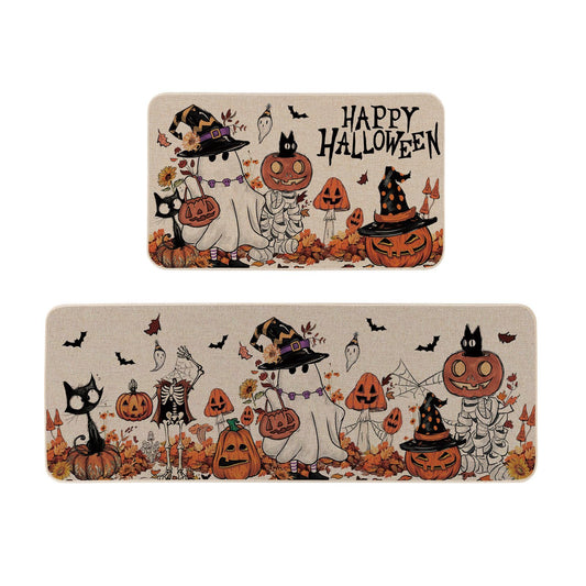 Moutina Happy Halloween Ghost Mushroom Pumpkin Skeleton Decorative Kitchen Rugs Set of 2, Halloween Holiday Party Home Decor Low-Profile Kitchen Mats for Floor - 17x29 and 17x47 Inch