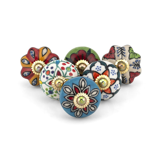 Craft Trade Ceramic Cabinet & Drawer Knobs – Decorative Kitchen Cabinet Hardware, Cupboard & Dresser Knobs – Handcrafted Furniture Pull Handles, Round Design (Colorful, Set of 6)