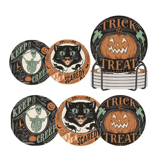 ubcindy Halloween Scaredy Cat Pumpkin Skeleton Coasters for Drinks Set of 6,Round Absorbent Ceramic Stone Coaster with Metal Holder Stand,Vintage Halloween Coasters with Cork Base for Parties,Gifts