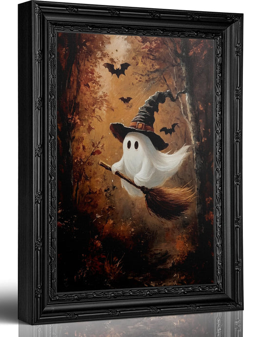 Cute Ghost Witch Broom Canvas Wall Art, Framed Vintage Halloween Print, Spooky Forest Ghost Decor, Ornate Black Framed Gothic Aesthetic Wall Art, Ready to Hang