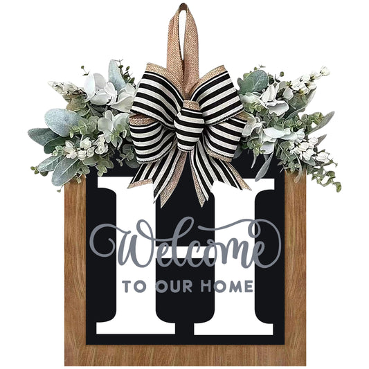 14’’ Last Name All Year Round Front Door Wreath, 26 Letter Welcome Sign Door Wreaths for Front Door, Farmhouse, Porch, Outdoor Decoration for Spring Summer Fall All Seasons Halloween Christmas(H)