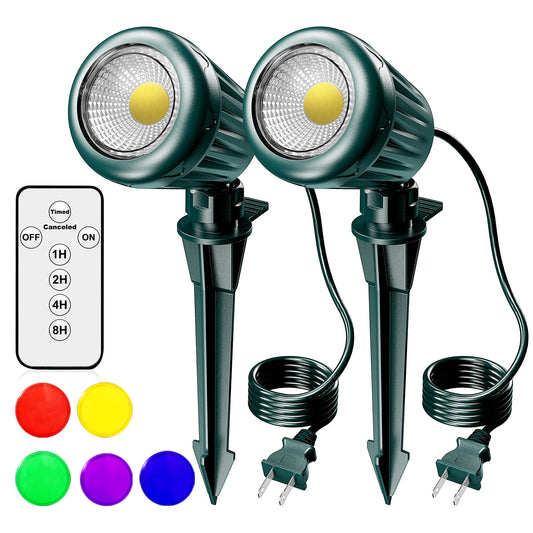 BYQY Outdoor Spot Lights for Yard,120V Plug-in with Timer Remote Control, IP67 Waterproof 6000K Landscape Lighting, 5 Color Lenses (Red, Yellow, Green, Blue, Purple) Yard Decorative Lights,2 Pack