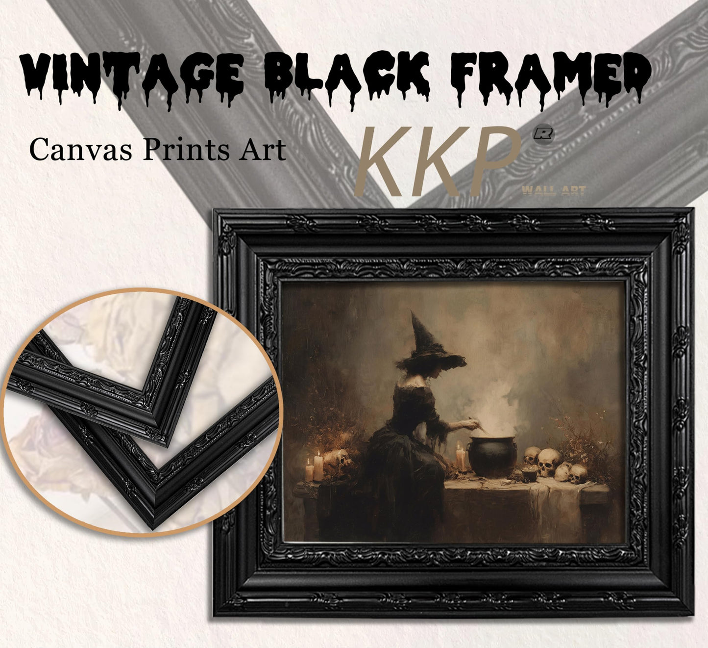 KKP Black Framed Vintage Witch Stirring Cauldron Skull Candle Wall Art