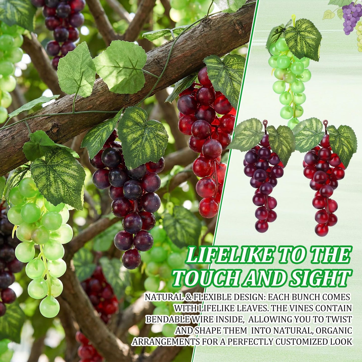 Wavyknot 30 Pack Artificial Fake Grapes with 12 Strands Faux Grape Vines Hanging Plant Leaves Realistic Fruits Decoration for Home Party Garland Wedding Outside Decor