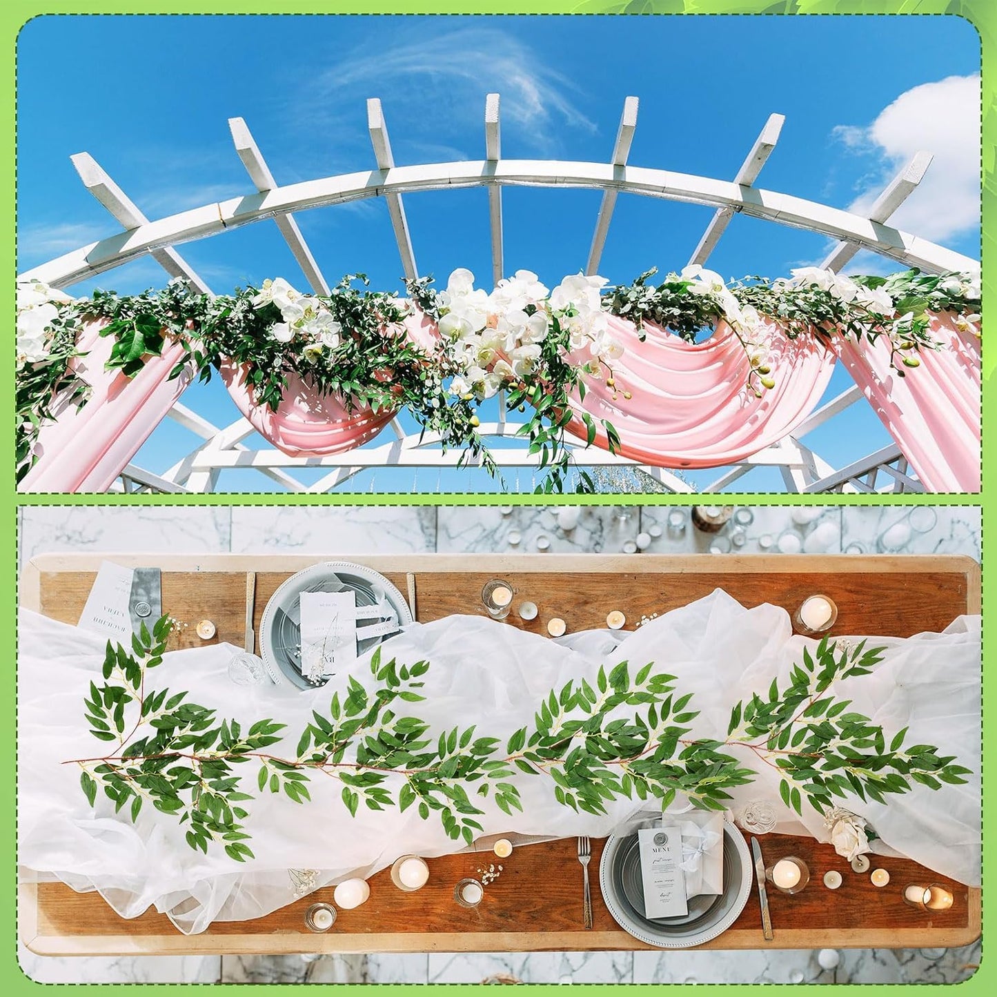 Yunlly 135ft Artificial Faux Greenery Garland Willow Leaves Vines Hanging Willow Vines Leaf Garland for Indoor/Outdoor Wedding Party Decor Wedding Table Centerpieces (Green,12 Pack)