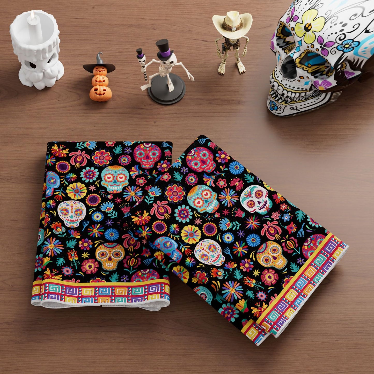 XCHI Colorful Sugar Skull Marigolds Flowers Dia De Los Muertos Kitchen Towels Day of The Dead Dish Towels 18x26 Inch Home Kitchen Decorations Hand Towels Set of 2 Drying Dishcloth