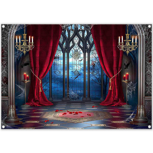 YCUCUEI 7x5ft Fabric Halloween Vampire Medieval Castle Backdrop Gothic Window Red Curtain Bats Photography Background Haunted House Party Decor Photo Props