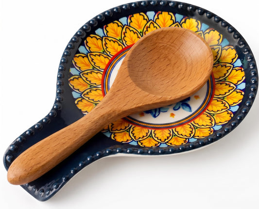 JINGUS Spoon Rest for Stove Top, 7.7 Inch Spoon Holder, Ceramic Blue Kitchen Spoon Rest for Spatula, Tongs or Decorations, Bohemian Large Ladle Holder for Gift, Heat-Resistant,Dishwasher Safe