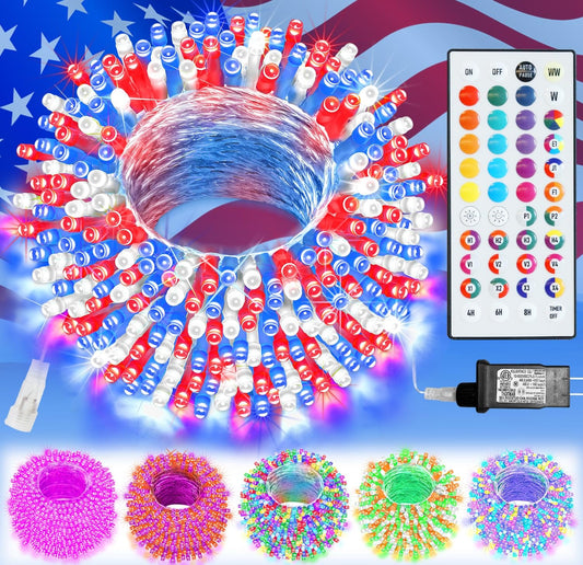 Pooqla Color Changing Christmas String Lights with Remote, 35 Colors 66FT 200LED String Lights Outdoor Patriotic Decoration, Indoor Connectable 4th of July Lights Plug in for Memorial Day Decoration