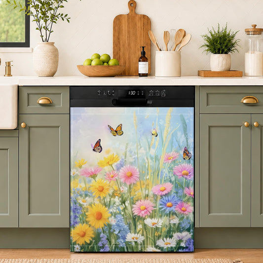 Butterfly Flowers Dishwasher Magnet Cover,Waterproof Appliance Door Cover for Holiday Kitchen Decor,Housewarming Gifts, Refrigerator Magnet Decal Panels 23"x26"