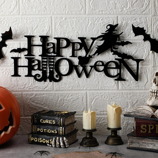MorningRo Halloween Decorations Happy Halloween Metal Sign Gothic Wall Decor with Bats and Witches Decor Black Hanging Yard Sign Metal Word Wall Art for Front Door Window Haunted House, 15.7 Inch