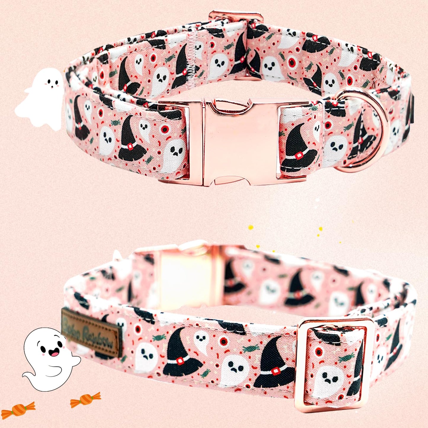 Bobo Rainbow Dog Collars, Halloween PetFall Dog Collar Ghost Print Pet Collar Durable Metal Collars Cute Soft Dog Boy Girl Adjustable Puppy Collar for X-Large Dogs