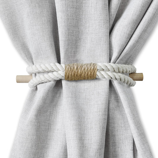 Curtain Tiebacks Rustic Holdbacks for Drapes, Farmhouse Tie Backs for Curtains, Cotton Jute Rope with Wood Club, Natural Boho Decor Shabby Chic Drapery Holder, Pack-2