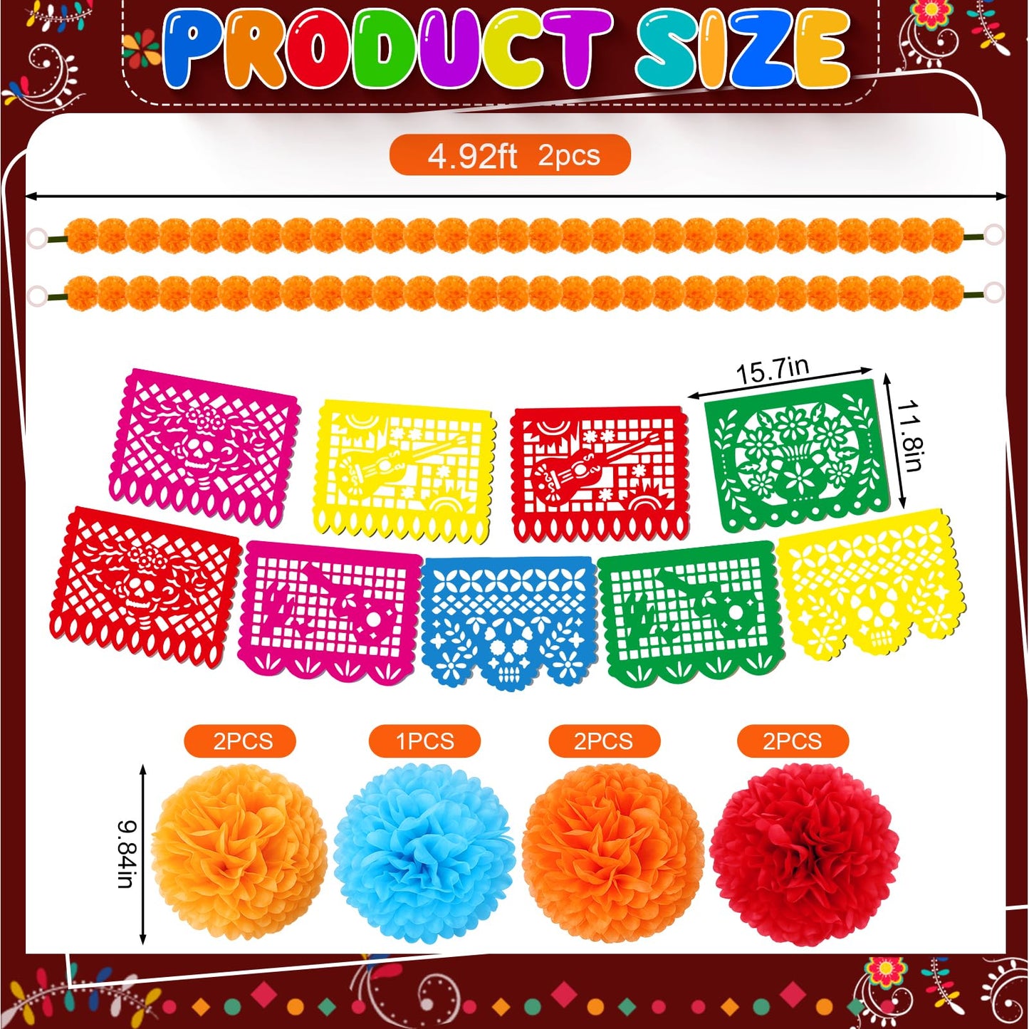 133Pcs Day of The Dead Decorations with 9 Mexican Banner Papel Picado,2 Lighted Artificial Marigold Garland,50 Marigold Flowers with 50 Stems,7 Paper Pom Poms,12 Butterfly for Dia De Los Muertos Decor