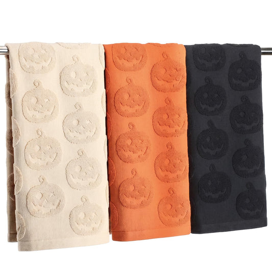 Remagr 3 Pcs Halloween Hand Towels Set for Bathroom Spooky Pumpkin Decor 100% Cotton Jacquard Bath Towels 29.5 x 13.8 Inch Orange Black White Soft Kitchen Towel Gift for Home Bathroom Fall Decor
