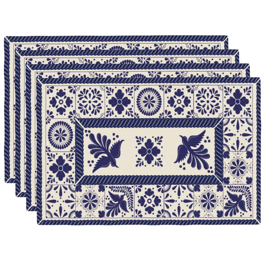 Talavera Tiles Fiesta Mexican Placemats Set of 4 Blue Beige Floral Bird Phoenix Table Mats Washable Boho Bohemian Heat Resistance Place Mat for Home Party Kitchen Dining Table Decoration 12x18 Inch