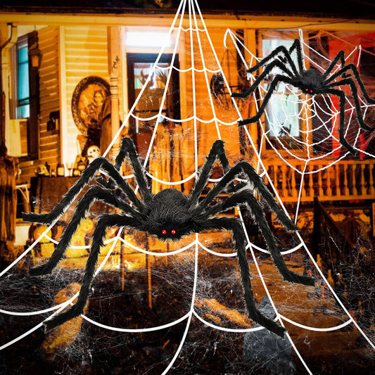 Halloween Decorations, 2Pcs 50'' Giant Spider + 200'' Triangular Spider Web and 100'' Round Spider Web, with Hook, Stretch Web and Ground Pile for Indoor Outdoor Halloween Decor Haunted House Props