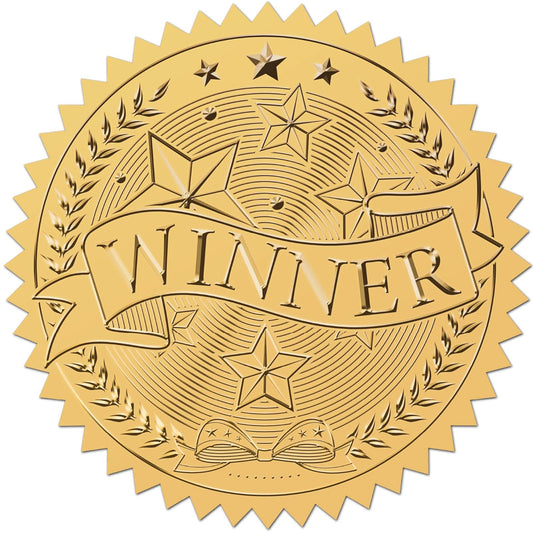 CRASPIRE 408pcs 2 Inch Winner Gold Foil Stickers Word Star Gold Embossed Gold Certificate Seals Self Adhesive Waterproof Round Dot Medal Decoration Label for Gift Packaging Envelope Card Seal