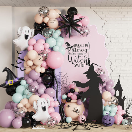 Halloween Balloon Arch Garland Kit, 139Pcs Dusty Purple Green Black Pink Balloons, Ghost Witch Hat Explosion Star Foil Balloons for Halloween Birthday Party Decorations