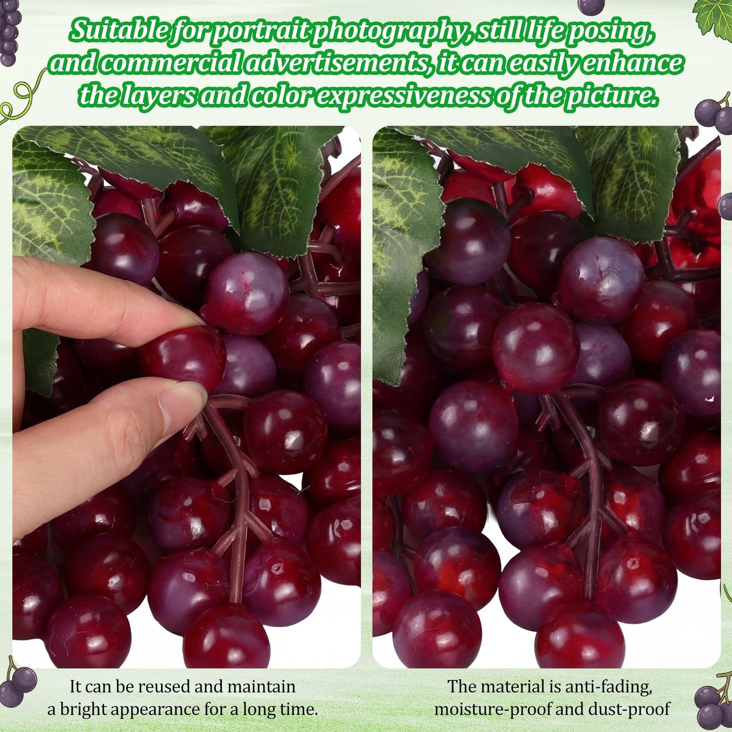 Wavyknot 24 Pcs Artificial Grape Rubber Fake Grapes Bunches with Vines Leaves Faux Lifelike Fruits Ornament for Wedding Outdoor Decoration Garden Home(Purple)