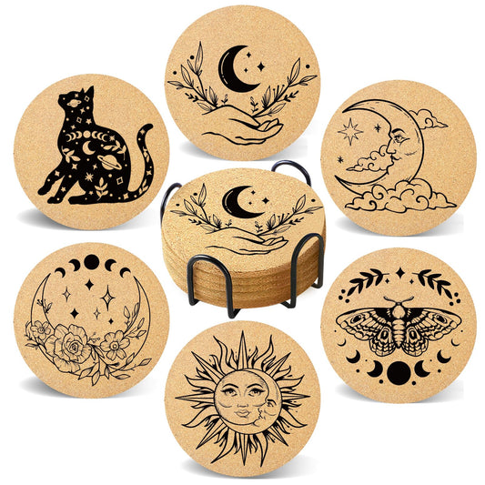 Cegkuc Coasters for Drinks with Holder Set of 6, Vintage Sun Moon Absorbent Cork Wood Coaster for Cup Desk Office Table Decor House Warming Gifts, Round 4"