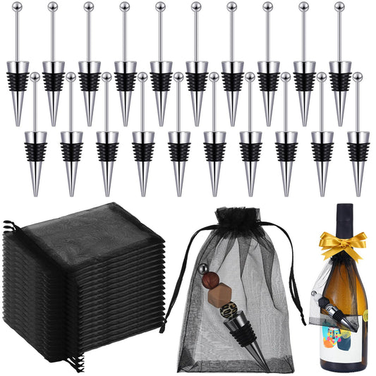 Kosiz 40 Pcs DIY Beadable Wine Stopper Bulk Include 20 Decorative Beaded Wine Bottle Topper 20 Organza Bags Reusable Saver for Beverage Wedding Valentines Gifts Holiday Favors Bar