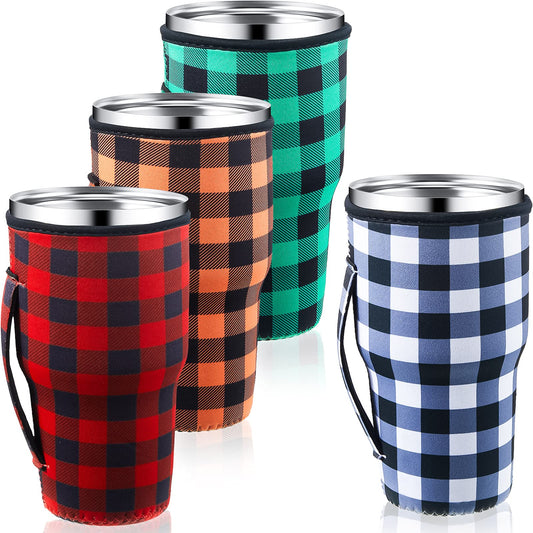4 Pcs Christmas Reusable Iced Coffee Cup Sleeves 30 oz Reusable Sleeve for Iced Coffee Cup Buffalo Plaid Coffee Neoprene Sleeve Insulated Sleeves Tumbler Sleeve for Iced Hot Drinks