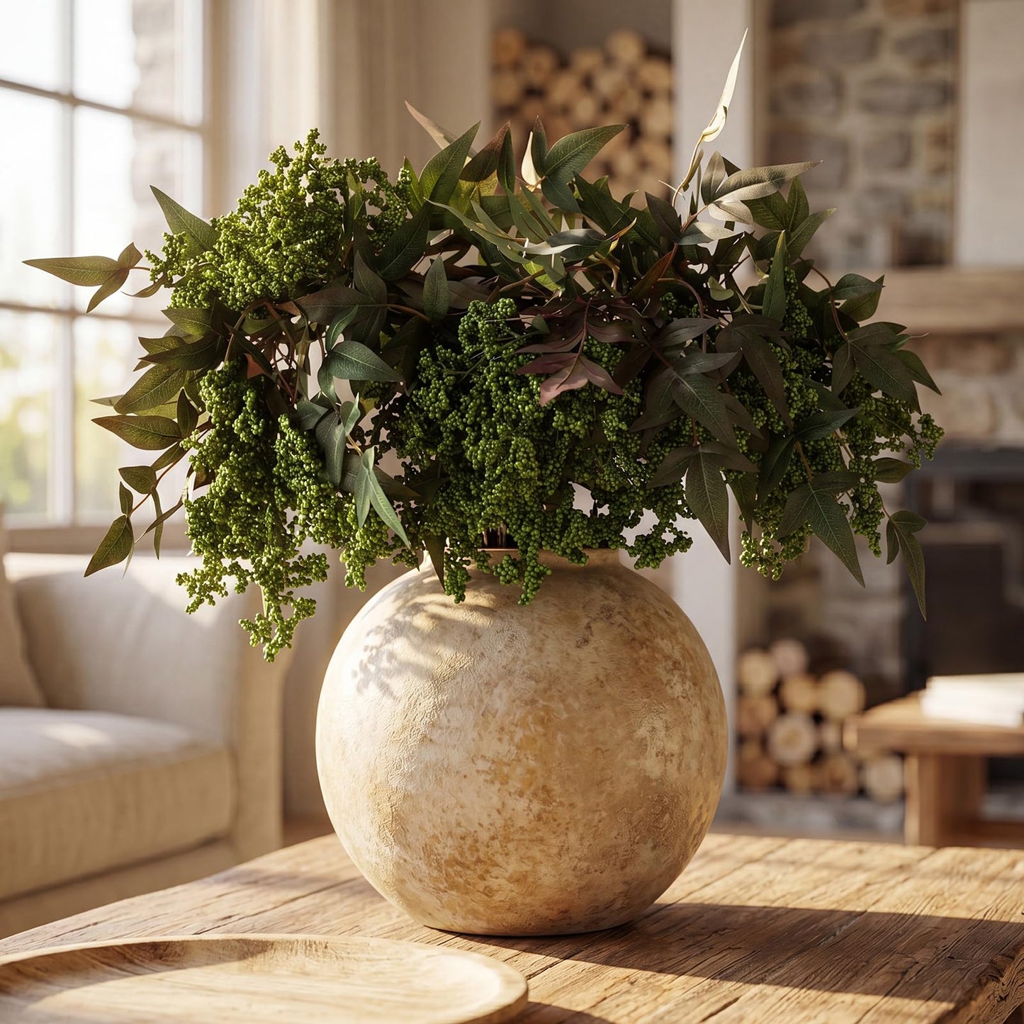 Zeyune 3 Pcs Artificial Dark Green Berry Stem Fall Faux Flowers Picks Branches Fake Realistic Sedum Stem Spray for Wedding Holiday Seasonal Farmhouse Mantel Harvest DIY Home Decorations(35 Inch)
