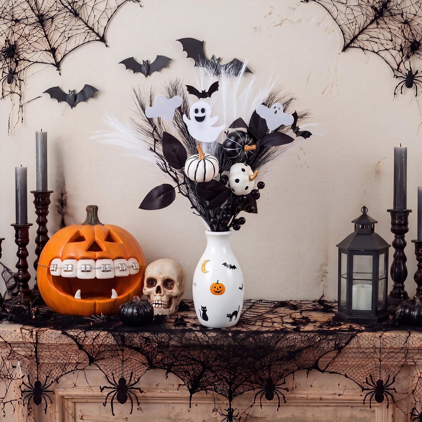 Zeyune Black Artificial Flowers 17'' Halloween Floral Picks with Cute Ghost Pumpkin Halloween Vase Filler Gothic Flower Bouquet Black Branches Centerpiece for Bedroom Living Room Witchy Home Decor