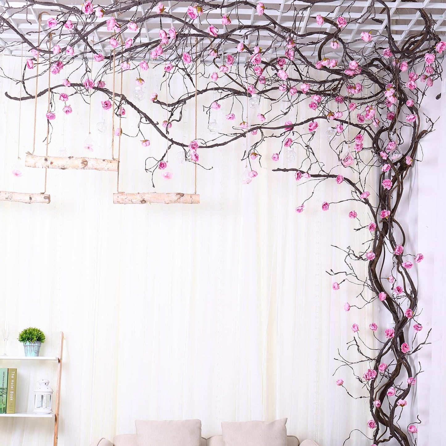 1PCS 300cm/118inch Large Flexible Artificial Tree Fall Vines Twine Wood Branches with Peony Flowers Garland Twig Reptile Climbing Fake Plants for Wedding Arch Christmas Wall Door Hanging Decoration