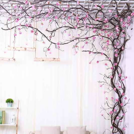 1PCS 300cm/118inch Large Flexible Artificial Tree Fall Vines Twine Wood Branches with Peony Flowers Garland Twig Reptile Climbing Fake Plants for Wedding Arch Christmas Wall Door Hanging Decoration