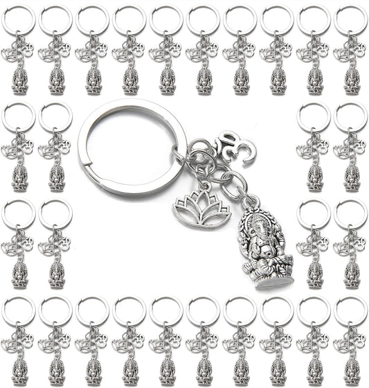 PHAETON 20PCS Ganesha Keychain with Lotus Charm Buddha Key Ring Key Holder Buddha Keychain, God Of Wealth Elephant Keychain for Festive Occasions, 3.18inch, Silver