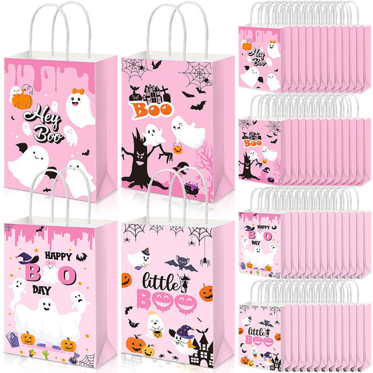 Kolldenn 48 Pink Halloween Snack Bags with Handle Hey Boo Treat Bags Bulk Pink Party Favors for Halloween Parties & Decor