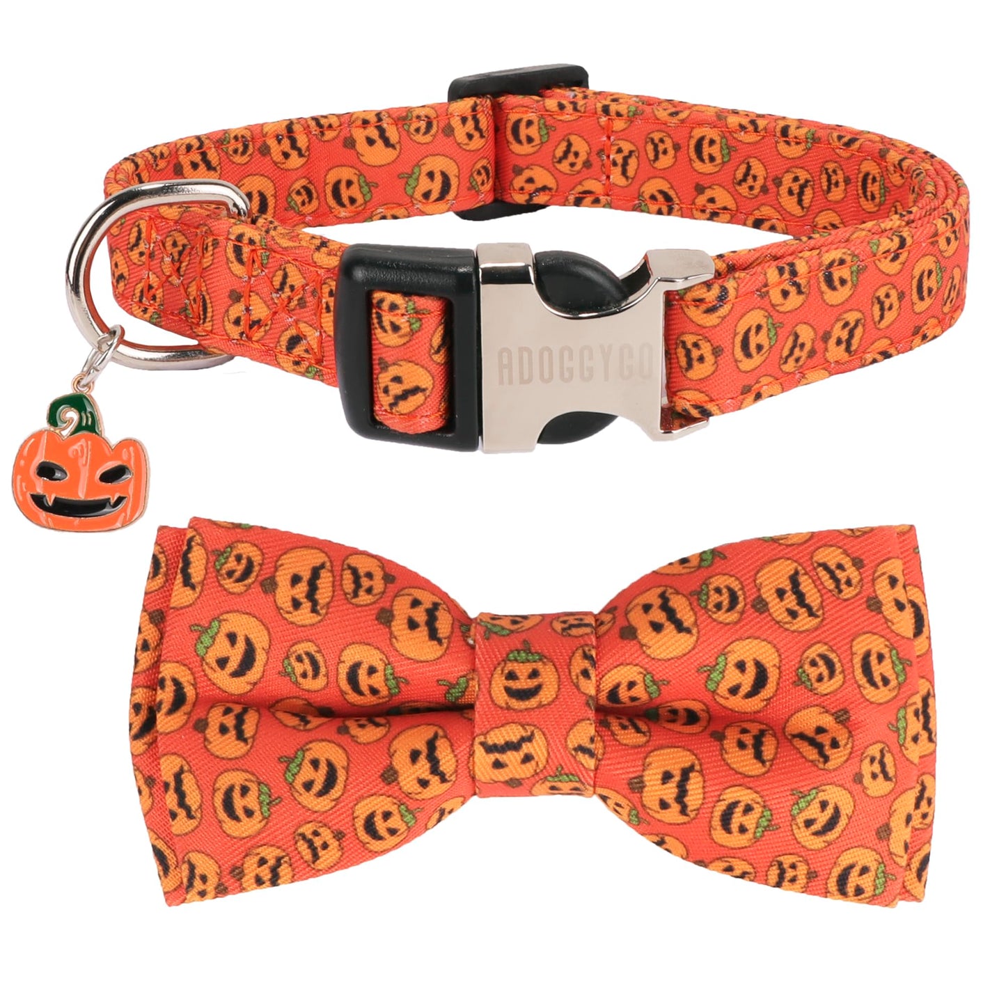 ADOGGYGO Halloween Dog Collar with Detachable Bow, Adjustable Orange Pumpkin Halloween Bowtie Collars for Small Medium Large Dogs (Large)