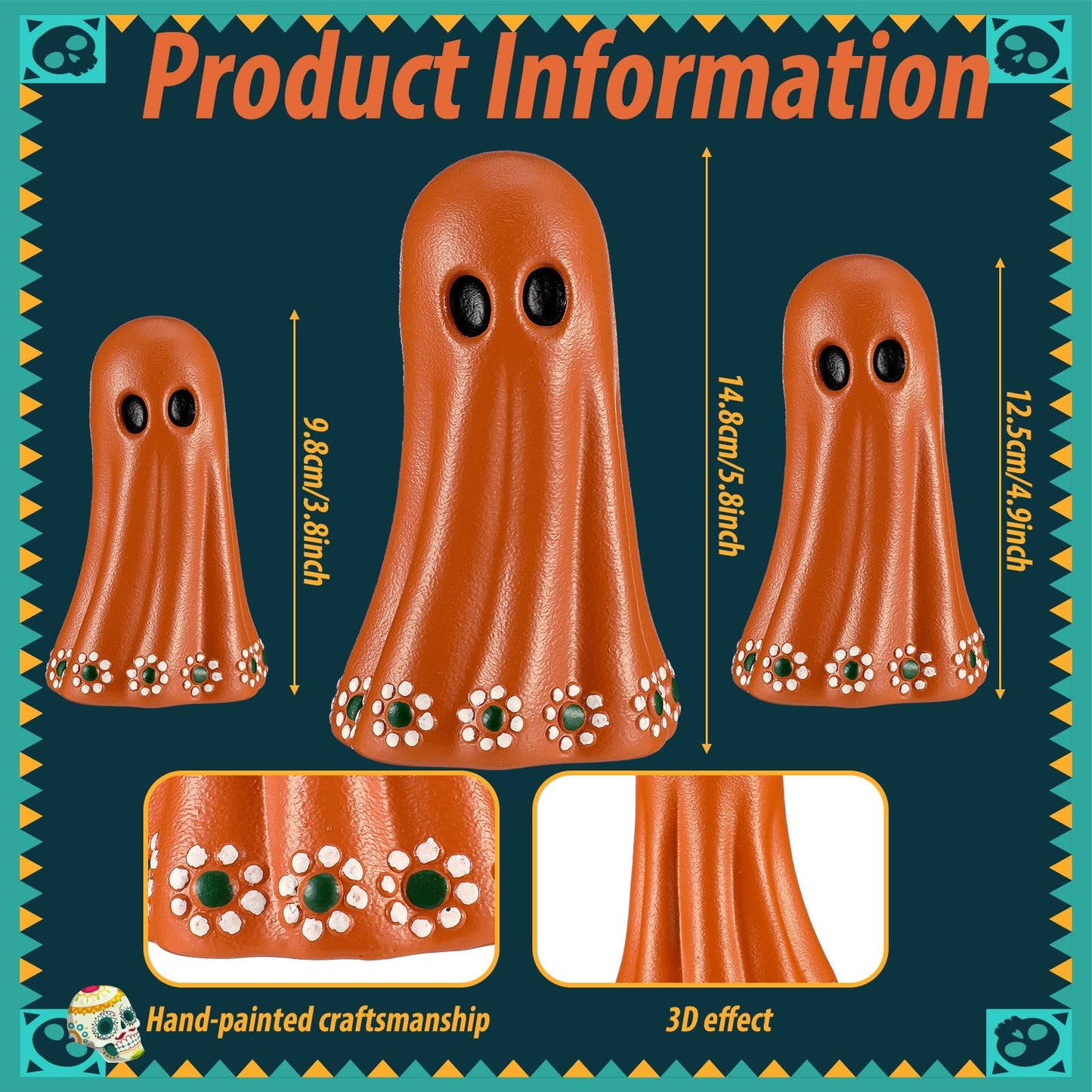 Geelin 3 Pcs Halloween Mexican Ghost Figurines Resin Halloween Muertos Terracotta Ghost Tabletop Decor Terracotta Floral Centerpiece for Mexican Xmas Home Decoration Indoor