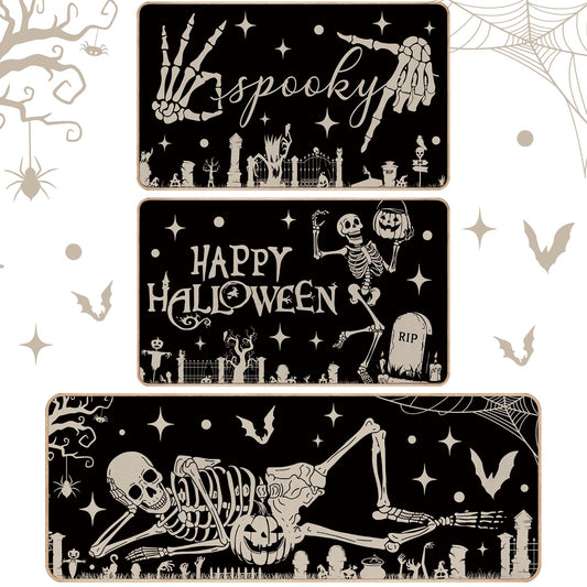 Drydiet 3 Pcs Halloween Kitchen Mats and Rugs Sets Spooky Skeleton Kitchen Floor Door Mat Non Slip Washable Gothic Runner Rug Halloween Decorations for Home Laundry Room Sink Holiday Party Decor