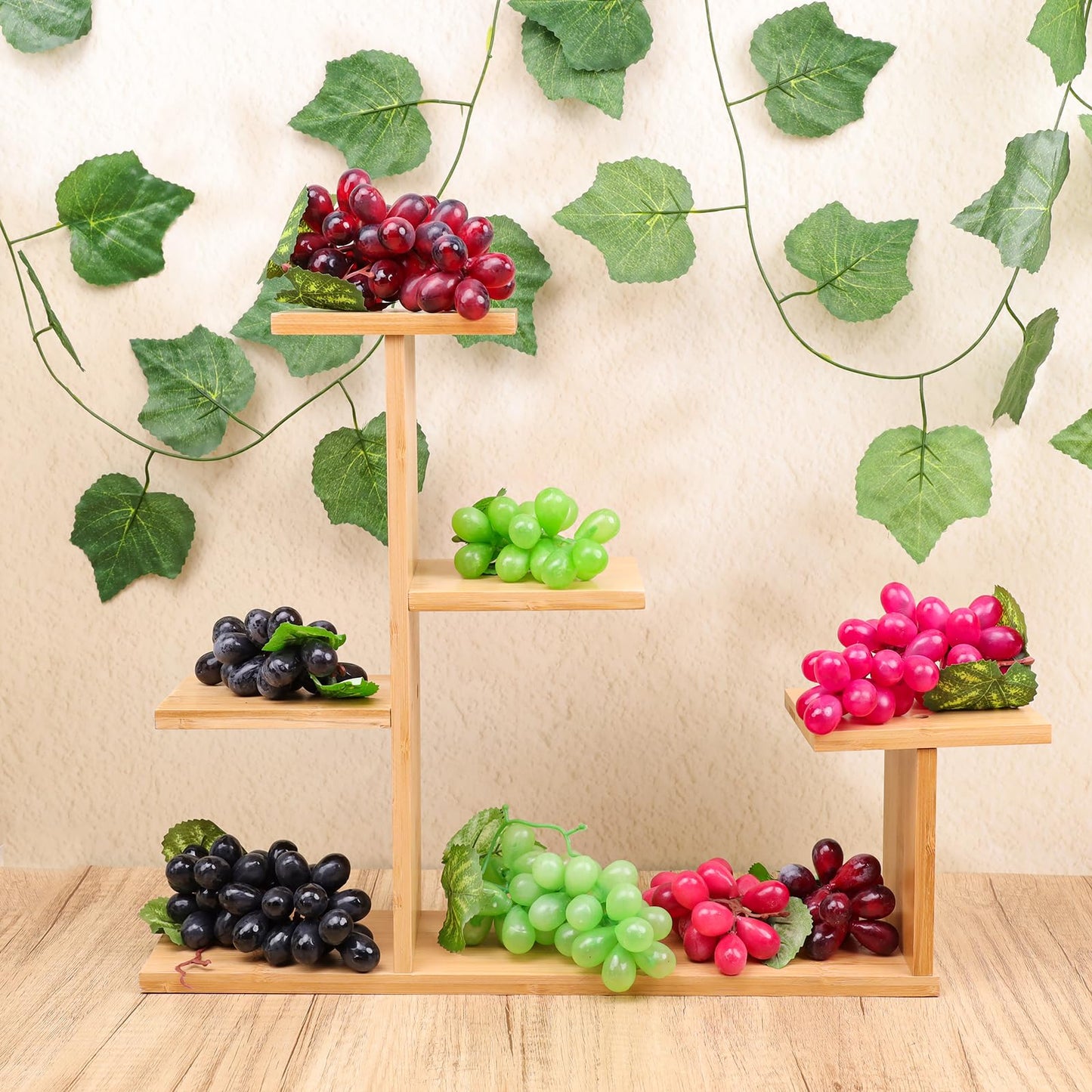 Quancru Artificial Grapes Leaves Vines 6 Strands & Fake Grape 8 Bunches Simulation Red Black Purple Green Fruit Photography for Indoor Outdoors Wedding Party Cabinet Garland Ornament Wall Decortion