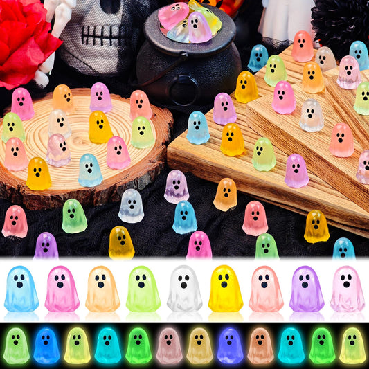 Feivando 132 Pcs Halloween Luminous Mini Ghost Figures 9 Colors Glow in the Dark Tiny Little Resin Ghost Statues Miniature Figurines for Halloween Vase Filler Micro Landscape Fairy Garden Party Decor