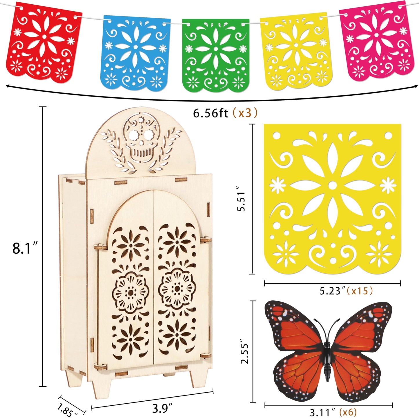 10Pcs Dia De Los Muertos Decorations Wooden Shadow Box Day of The Dead Ofrenda Altar Decor with Papel Picado Butterfly Remembrance Supplies