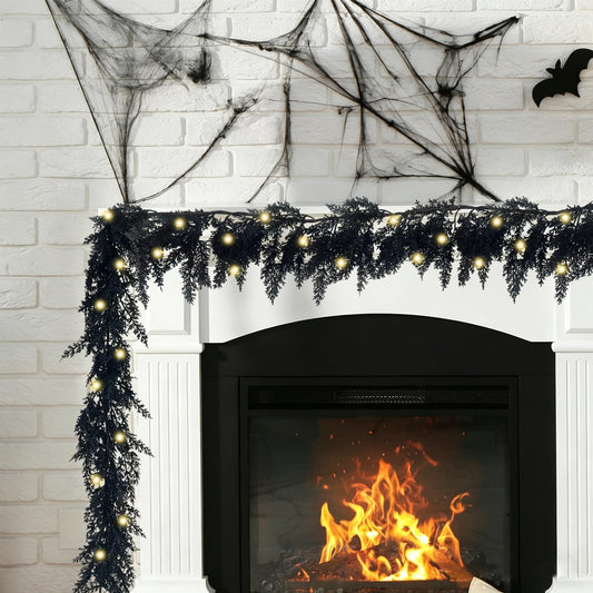 Xyalrax 9 FT Black Halloween Garland,Spooky Halloween Cedar Pine Garland Decoration with LED Light Faux Realistic Artificial Black Hanging Vine Twigs for Mantle Party (Black Halloween Garland)