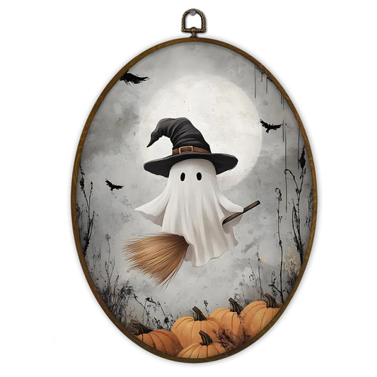 Gnmduw Halloween Ghost Oval Wall Art Framed, Vintage Fall Halloween Pumpkin Wall Art, Dark Academia Ghost Flying Canvas Prints Hanging Decor, Gothic Walls Decor for Living Room Bedroom, 8.7x11.3 Inch