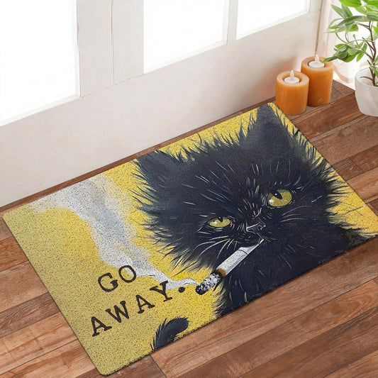 KBRCT Go Away Black Cat Door Mat Outdoor Indoor Entrance Entryway, Funny Smoking Black Kitten Kitty Doormat Inside Outside, Cat Welcome Mats for Front Door, 17x30 Inch