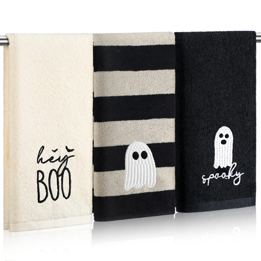 SmoothNovelty 3 Pcs Halloween Ghost Hand Towels for Bathroom Cotton Embroidered Rodeo Kitchen Towels 13.3" x 29.5" Rustic Gifts for Bath Shower Farmhouse Decors Housewarming Gift(Black)