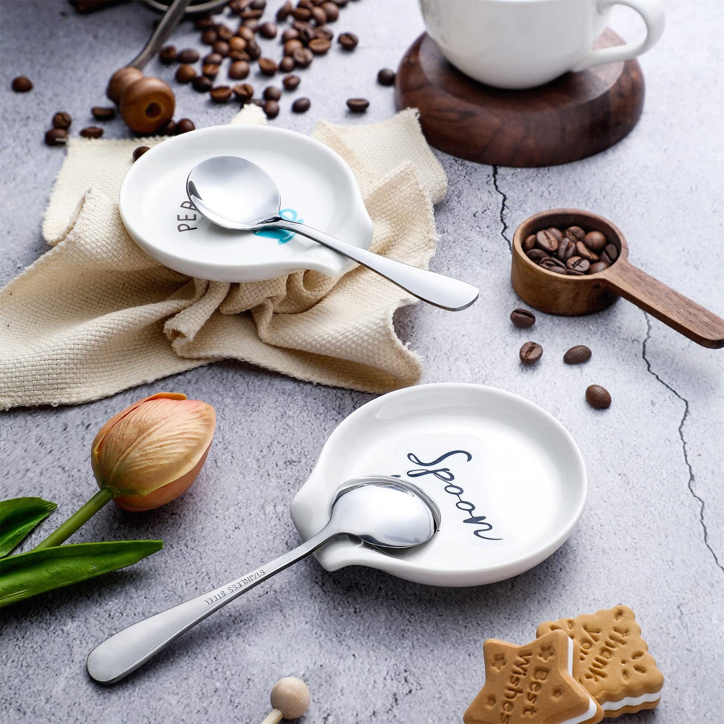 Honeydak 4 Pieces Coffee Spoon Rest and Small Teaspoon Holder Ceramic for Station Decor Stove Top Countertop Kitchen Accessories Nice Present for Coffee Lovers(Simple Style)