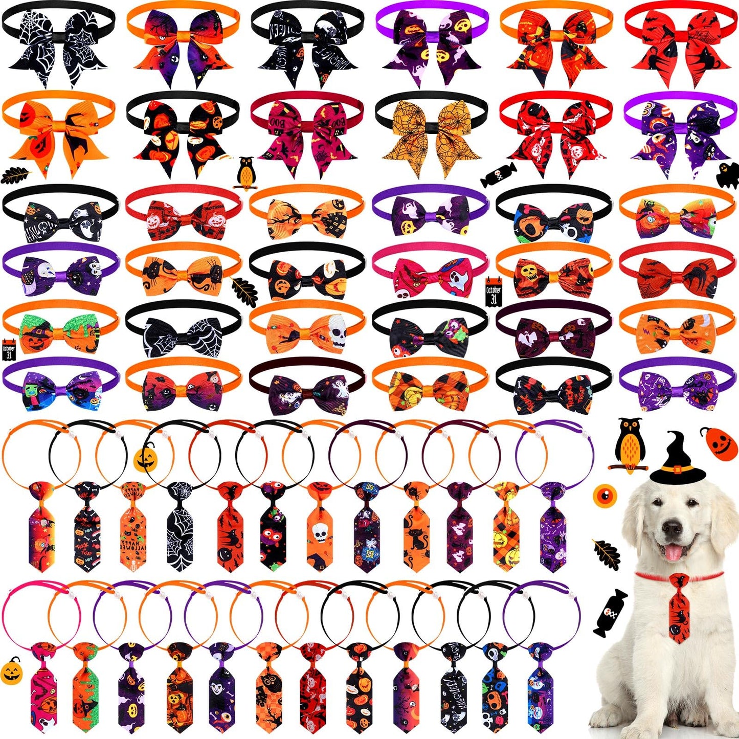Sadnyy 60 Pcs Dog Bows Dog Collars Thanksgiving Halloween Pet Ties Pumpkin Ghost Adjustable Halloween Pet Bowtie Collar Includes 24 Neck Ties and 24 Bowties 12 Bowknot Set
